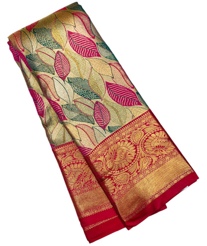 Green & Pink Leaf Soft Kanchi Tissue Pattu Saree with Pink border