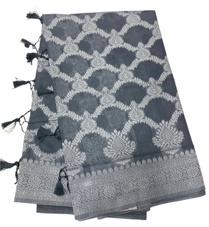 Banaras Katan Saree Gray Colour with Katan Work Border