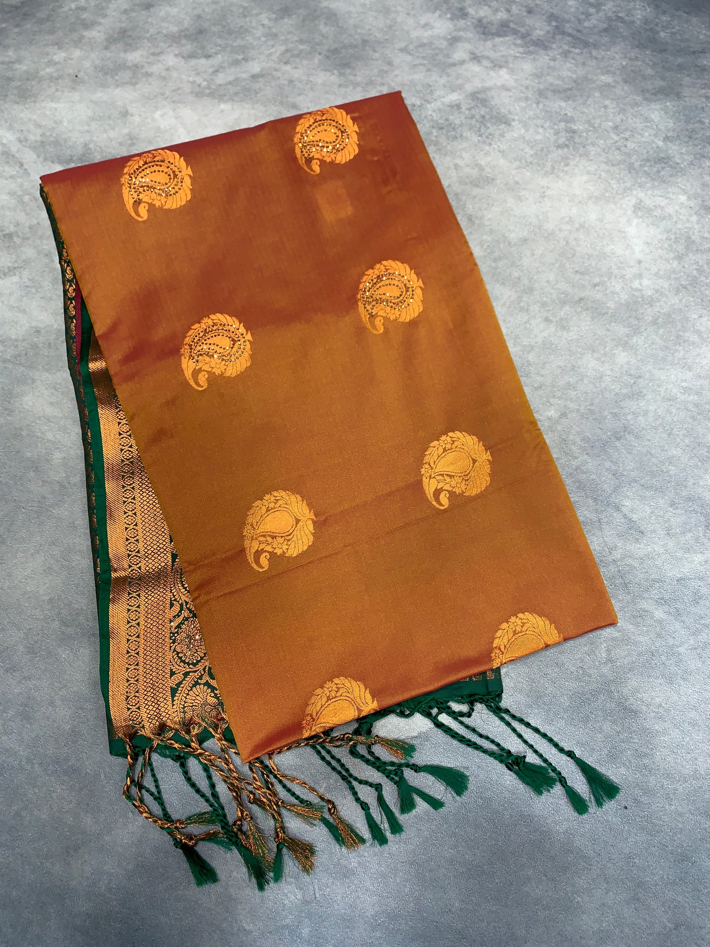 Soft Vegan Silk Saree Brown Colour with Green and Copper Border