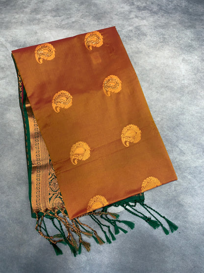 Soft Vegan Silk Saree Brown Colour with Green and Copper Border