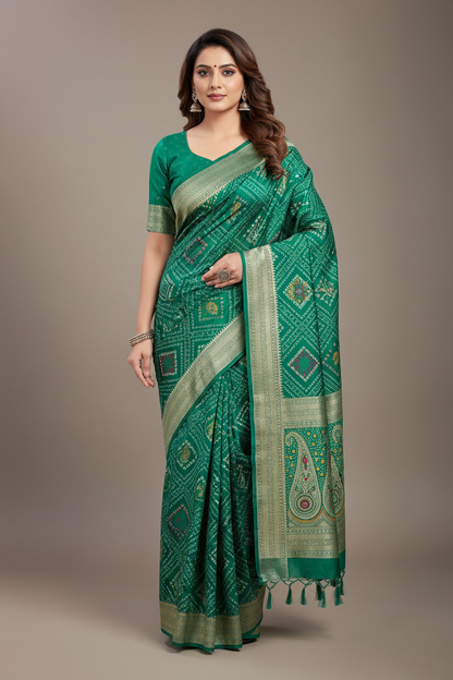 Banaras Soft Silk Saree Light Green Colour with Sliver Colour Floral Design Border