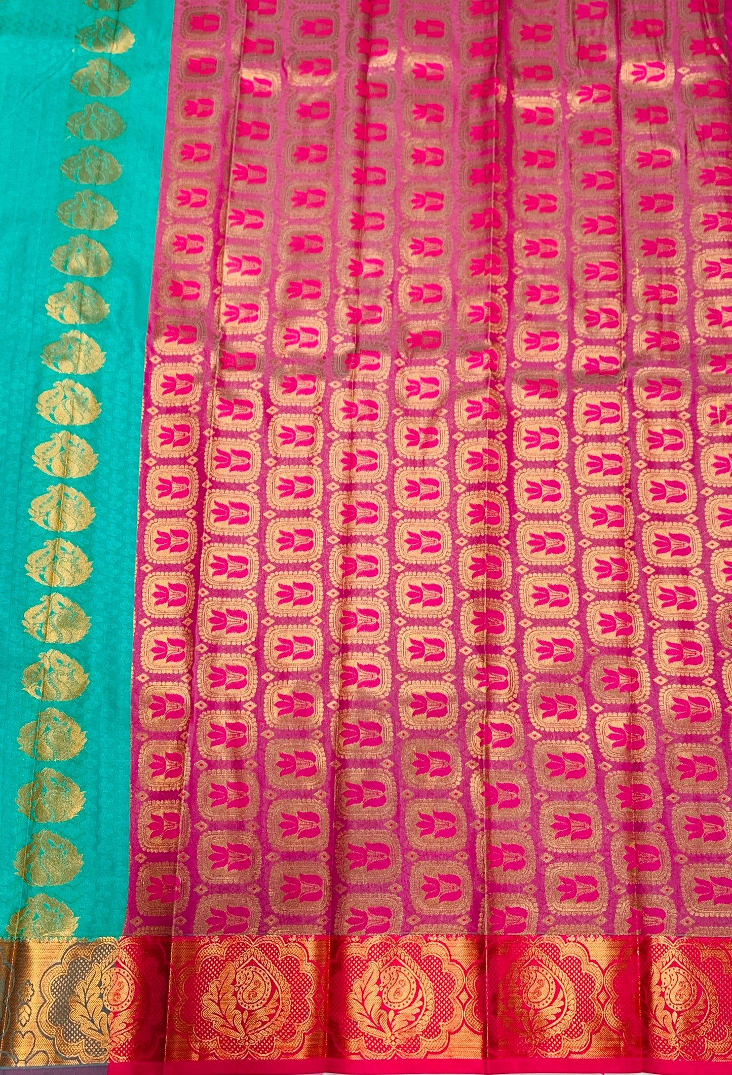 Vegan Silk Saree Rama Blue Colour with Copper and Pink Border