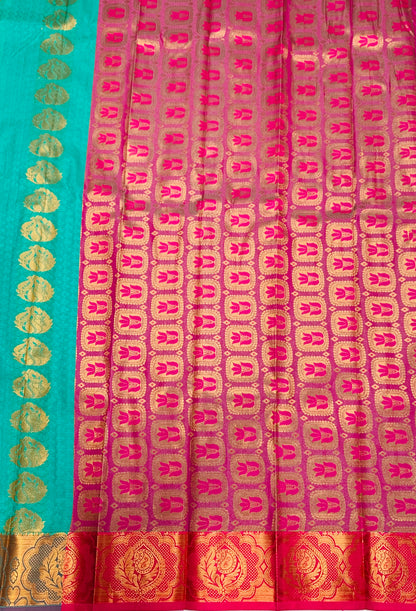 Vegan Silk Saree Rama Blue Colour with Copper and Pink Border