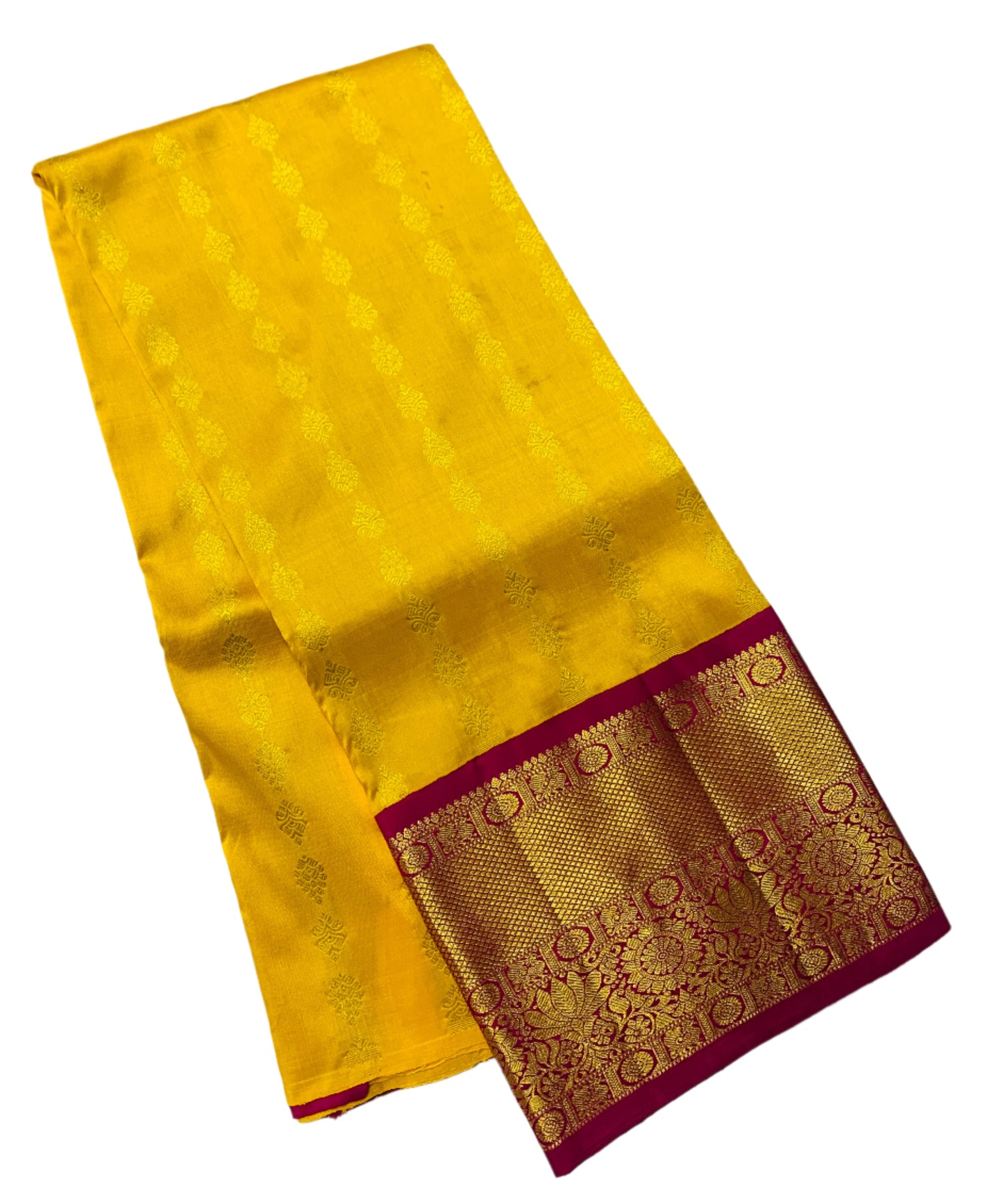 Mango Yellow Shade Pure Kanchipuram Kids Pattu Pavadai with Contrast Border for age 5 to 10