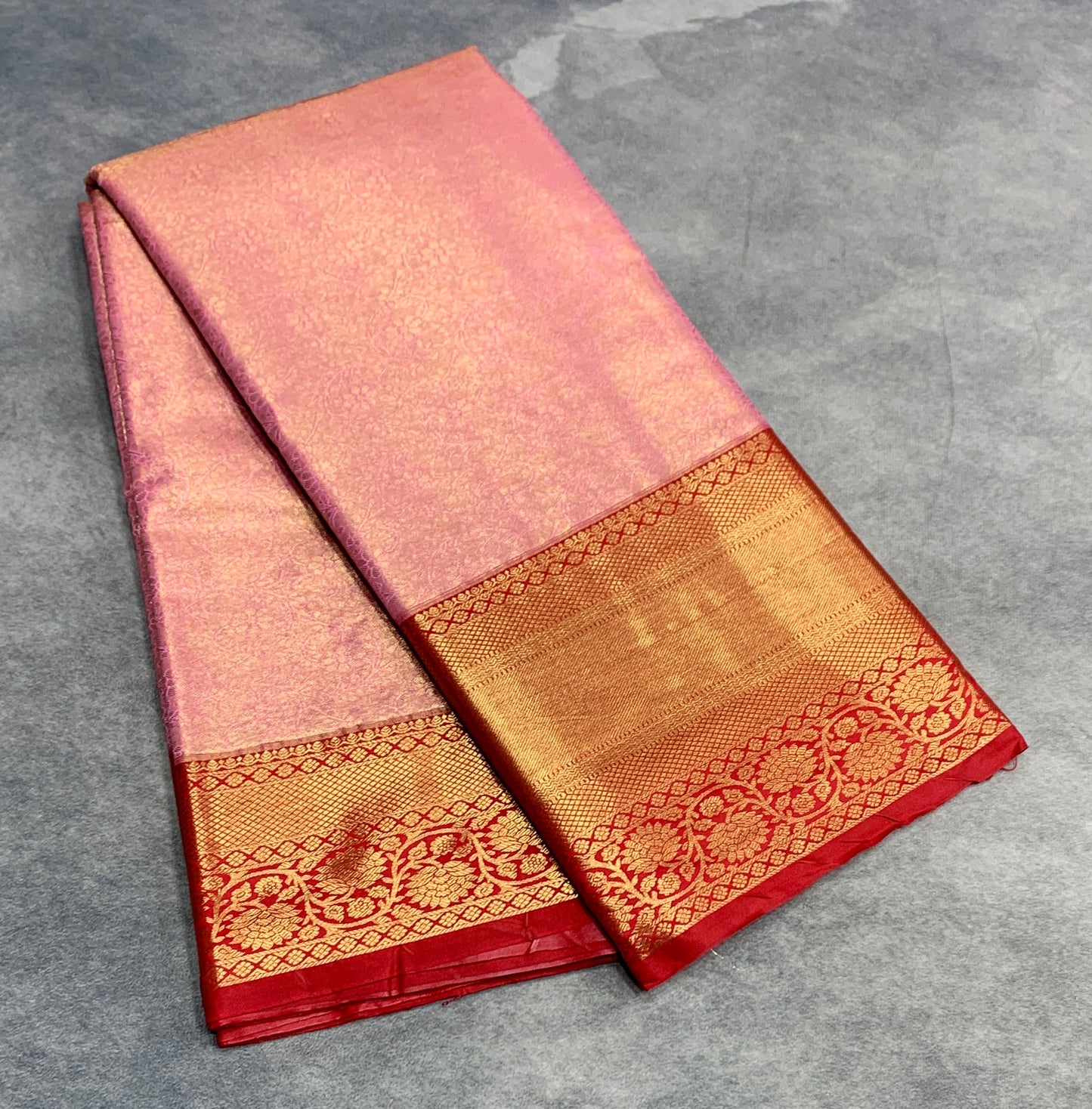 Fancy Tissue Saree Baby Pink Colour with Red Colour Floral Design Border