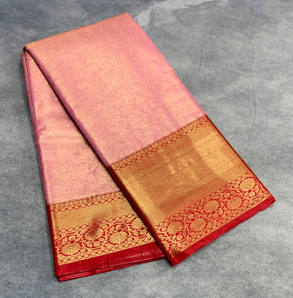 Fancy Tissue Saree Baby Pink Colour with Red Colour Floral Design Border