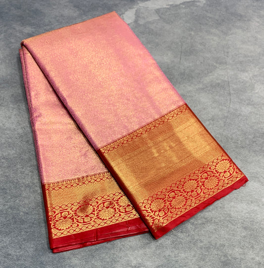 Fancy Tissue Saree Baby Pink Colour with Red Colour Floral Design Border
