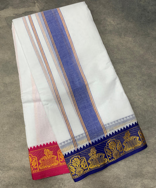 9X6 Cotton Dhoti White Colour with Blue and Pink Border with Angavastram