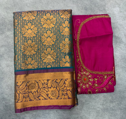 Bridal Vegan Silk Saree Peacock Green shade with Purple Border with Unstitched blouse in Aari Work