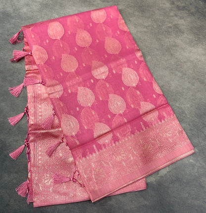 Banaras Katan Saree Baby Pink Colour with Katan Work Border