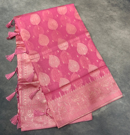 Banaras Katan Saree Baby Pink Colour with Katan Work Border