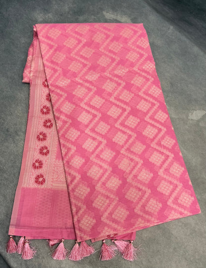Chettinad Cotton Saree Baby Pink Colour with Red Floral Motifs Sliver Zari Base Border