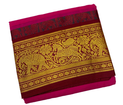 9X5 Cotton Dhoti Pink Colour with Maroon and Green Border