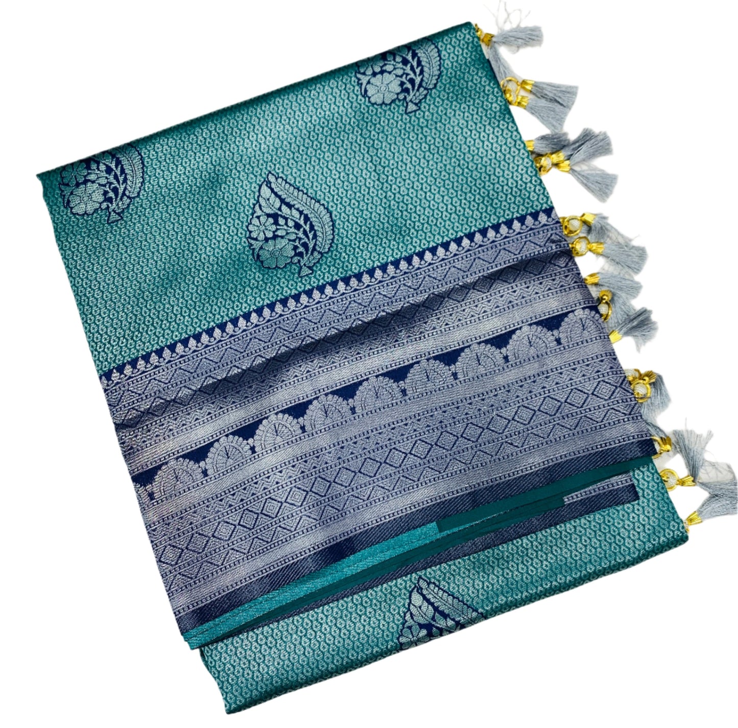 Art Silk Saree Peacock Green Colour with Blue Border