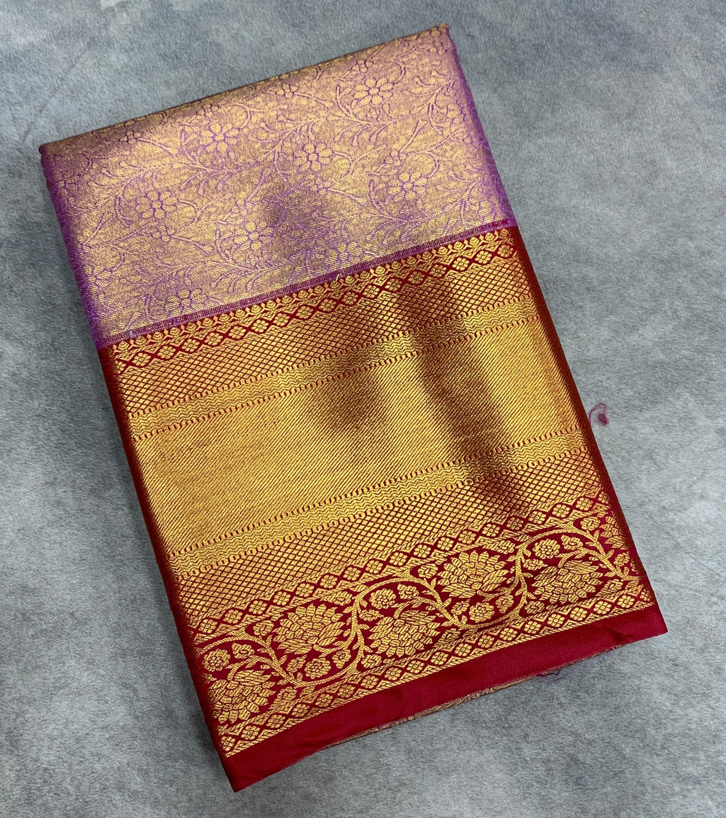 Fancy Tissue Saree Lavender Colour with Red Colour Floral Design Border