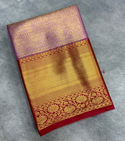 Fancy Tissue Saree Lavender Colour with Red Colour Floral Design Border