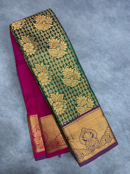 Vegan Silk Saree Green Colour with Pink and Copper Border