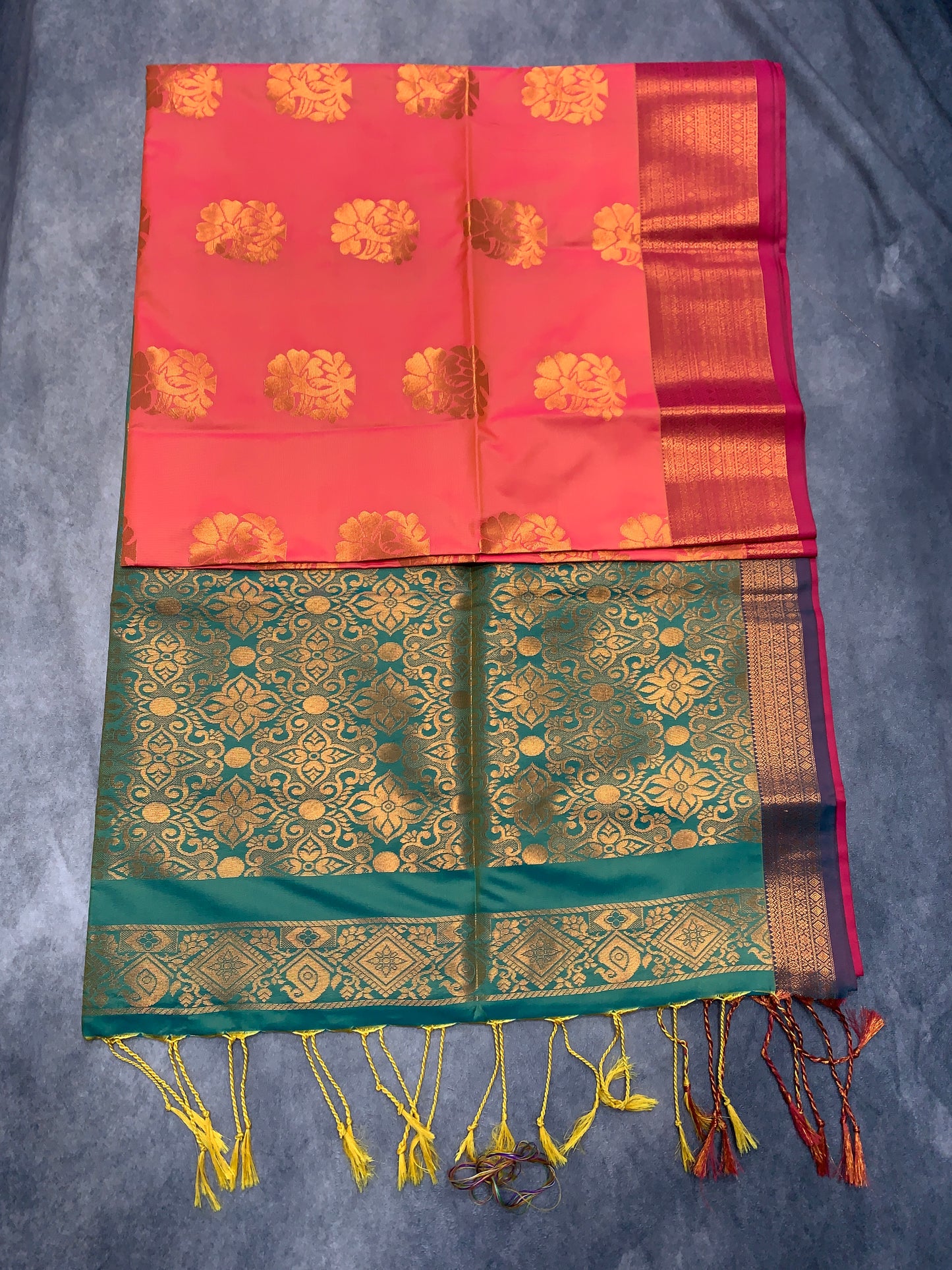 Soft Vegan Silk Saree Peachy Pink Colour with Green and Copper Border