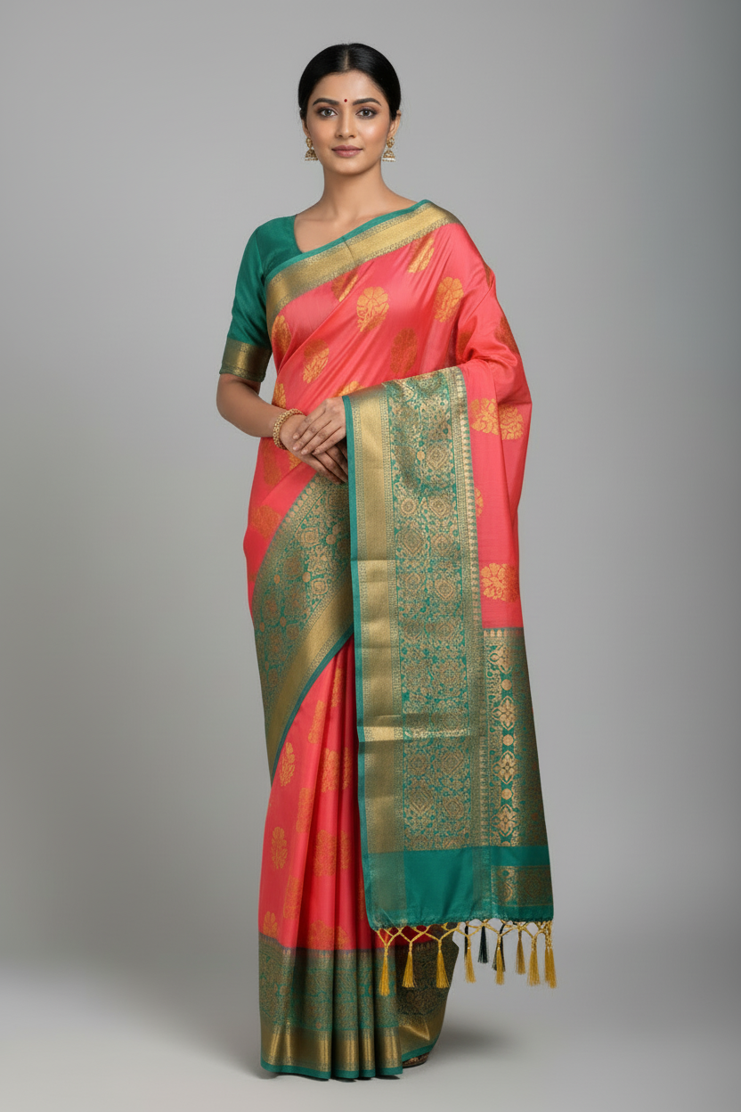 Soft Vegan Silk Saree Peachy Pink Colour with Green and Copper Border