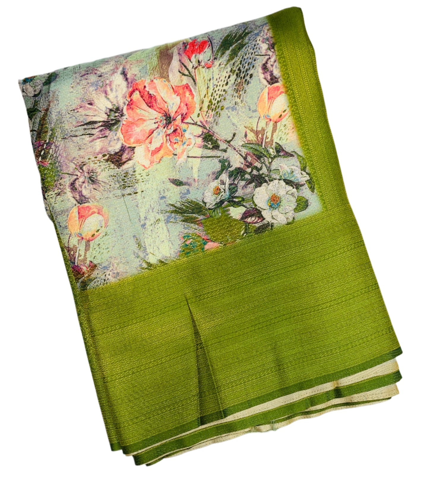 Digital Print Silk Saree Olive Green Colour