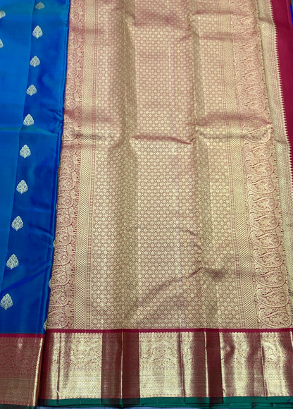 Pure Kanchipuram Silk Peacock Blue Colour with Red and Golden Zari Border