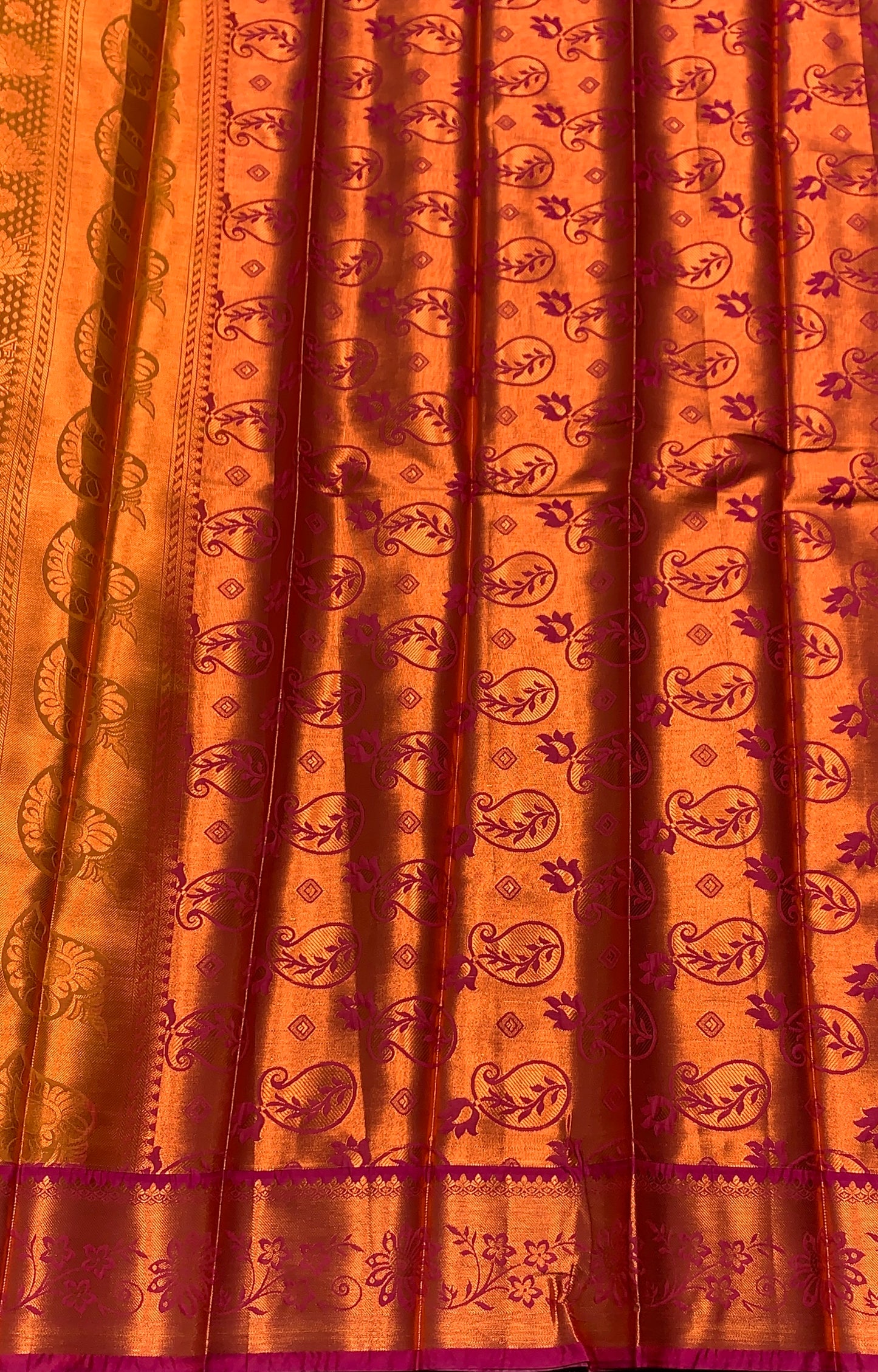 Vegan Silk Saree Golden Yellow Colour with Pink and Copper Border