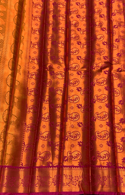 Vegan Silk Saree Golden Yellow Colour with Pink and Copper Border
