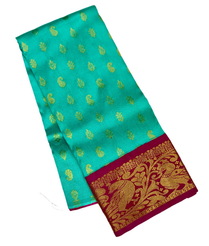 Sapphire shade Pure kanchipuram Kids Pattu Pavadai with contrast border for newborn to 2 Years