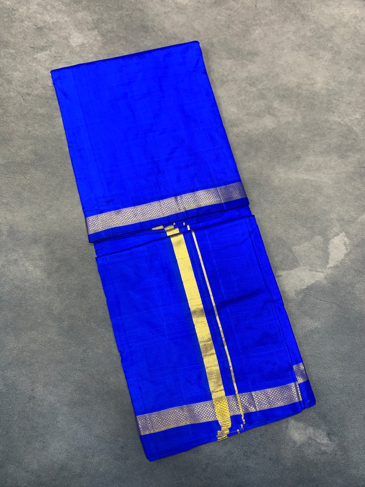 9X5 Pure Silk Dhoti Pepsi Blue Colour with Small Golden Zari Border