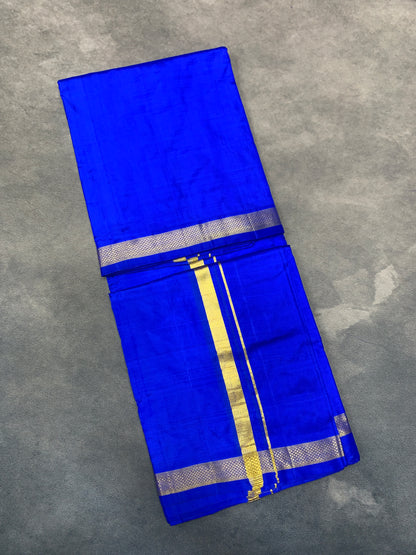 9X5 Pure Silk Dhoti Pepsi Blue Colour with Small Golden Zari Border