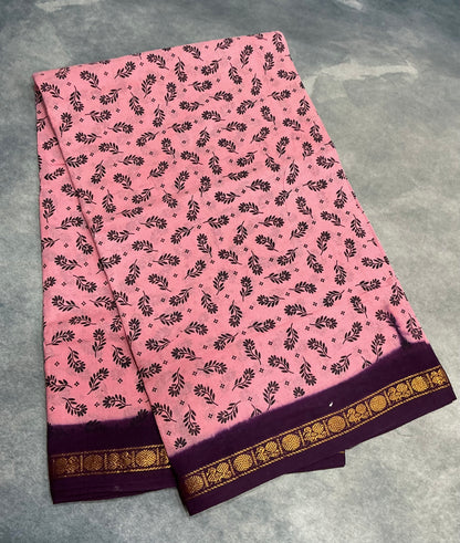Chettinad Sungudi Cotton light Pink Colour with Brown Colour Border