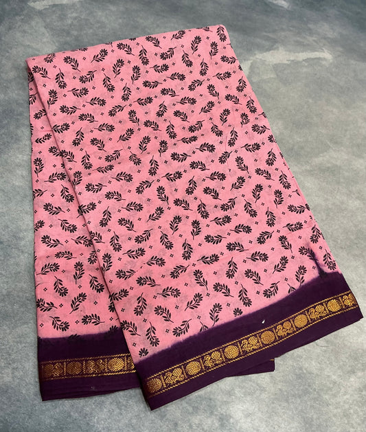 Chettinad Sungudi Cotton light Pink Colour with Brown Colour Border