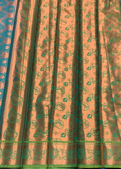 Vegan Silk Saree Rama Green Colour with Light Green and Copper Border