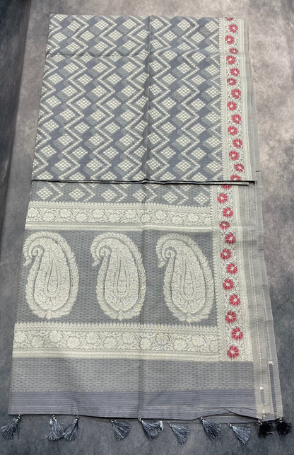 Chettinad Cotton Saree Gray Colour with Red Floral Motifs Sliver Zari Base Border