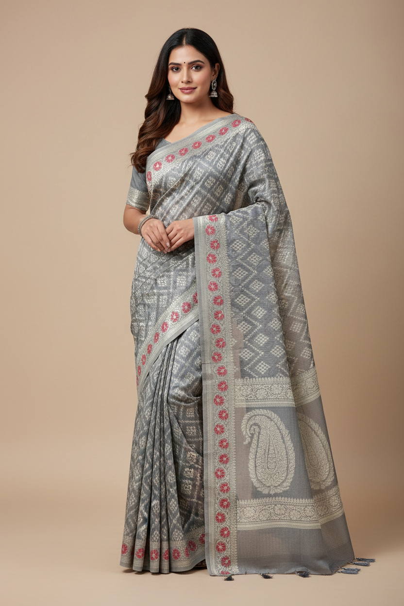 Chettinad Cotton Saree Gray Colour with Red Floral Motifs Sliver Zari Base Border