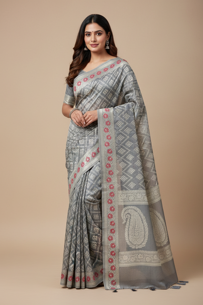 Chettinad Cotton Saree Gray Colour with Red Floral Motifs Sliver Zari Base Border