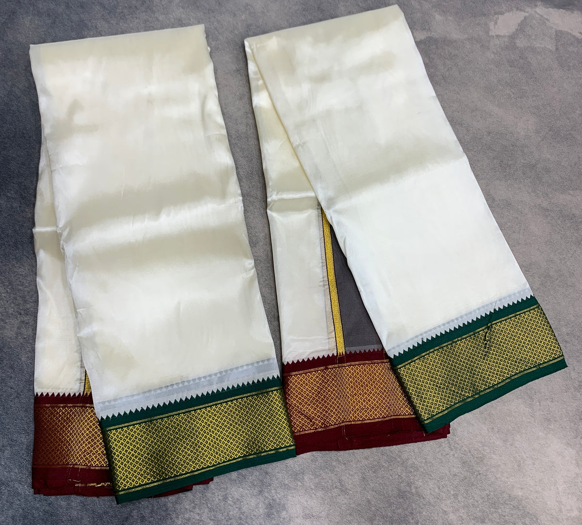Art Silk Dhoti 8X4 Cream with Medium Ganga Jamuna(Green/ Maroon) Border