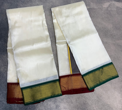 Art Silk Dhoti 8X4 Cream with Medium Ganga Jamuna(Green/ Maroon) Border