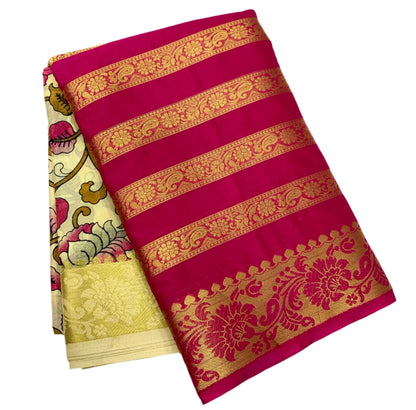 Crepe Saree Tussar Colour with Big Pink Border