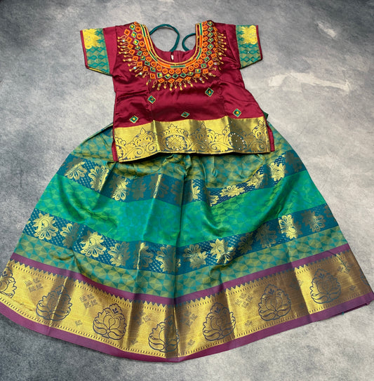 Ready To Wear Green Pavadai with Contrast Maroon Blouse