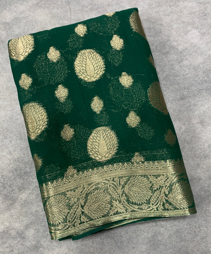 Georgette Saree Green Colour with Sliver Floral Design Border