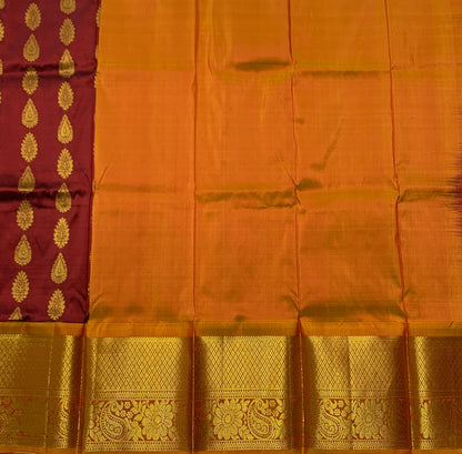 Brown Shade Pure Kanchipuram Kids Pattu Pavadai with Contrast border for age 2 to 5