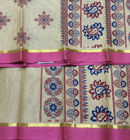 Chettinad Sungudi Cotton Sandal Colour with Light Pink Colour Border