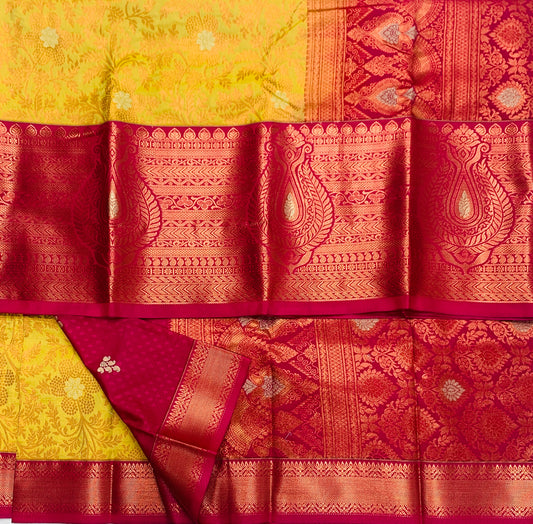 Vegan Silk Saree Yellow shade with Pink Border