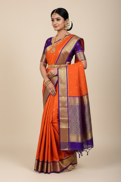 Orange Colour Saree with Golden and Blue Border