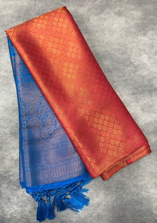 Soft Silk Saree Red Colour with Sky Blue Colour Pallu