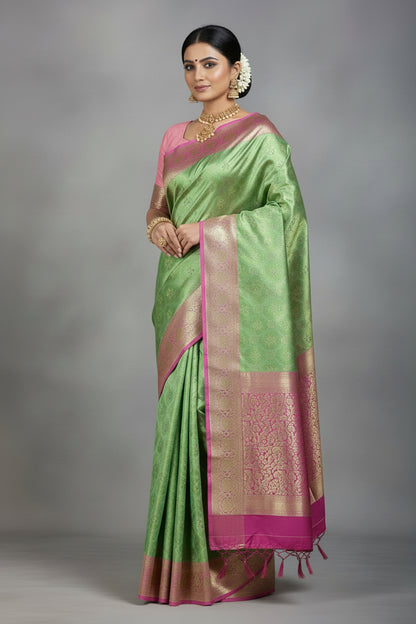 Apple Green Colour Soft Kanchi Tissue Pattu Saree with Baby Pink border