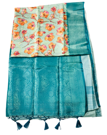 Tussar Colour Digital Print silk saree with Aqua Blue Border.