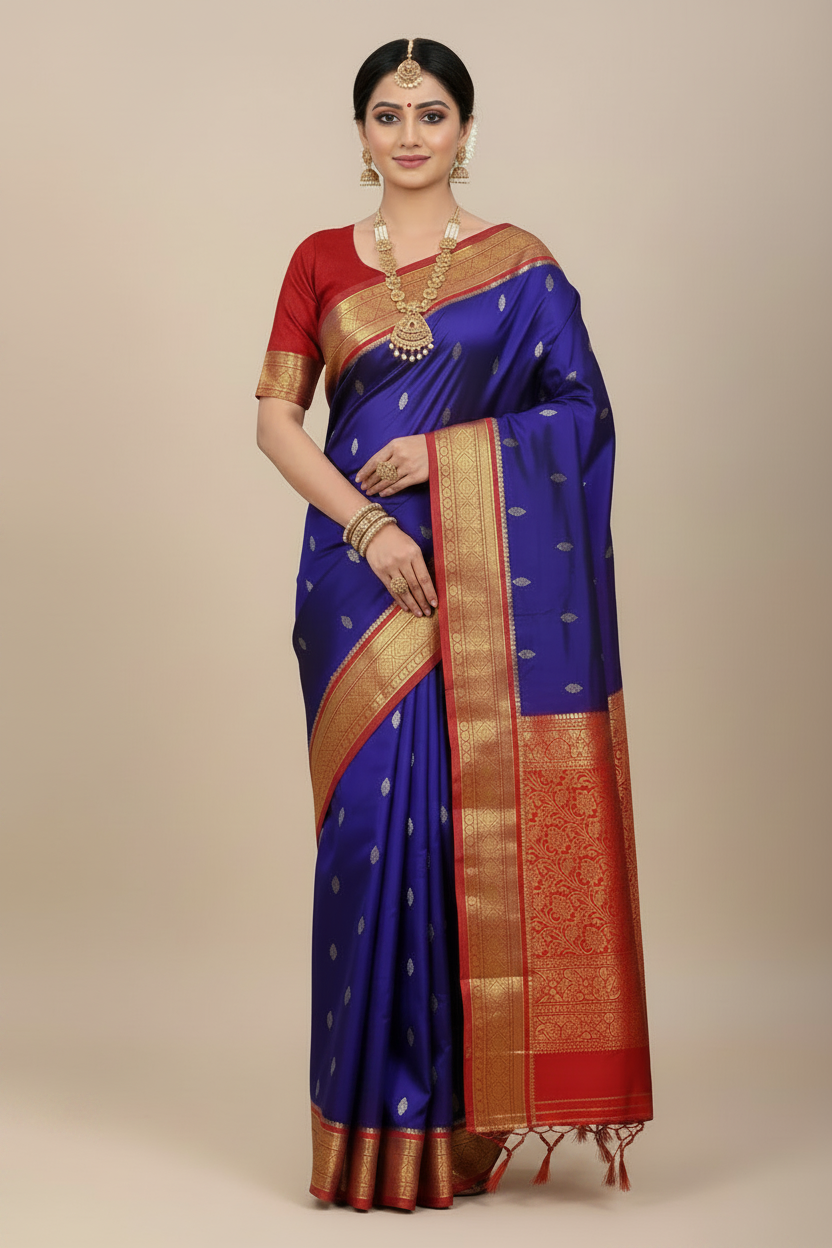 Pure Kanchipuram Silk Saree Blue Colour with Red Border