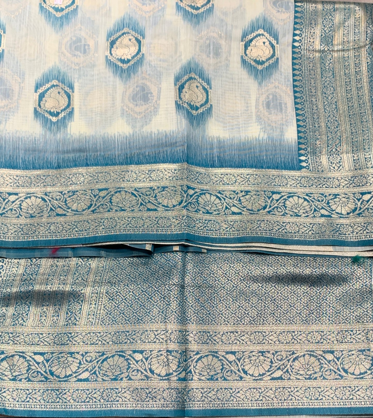 Banaras Katan Saree Off White Colour with Peacock Blue Katan Work Border